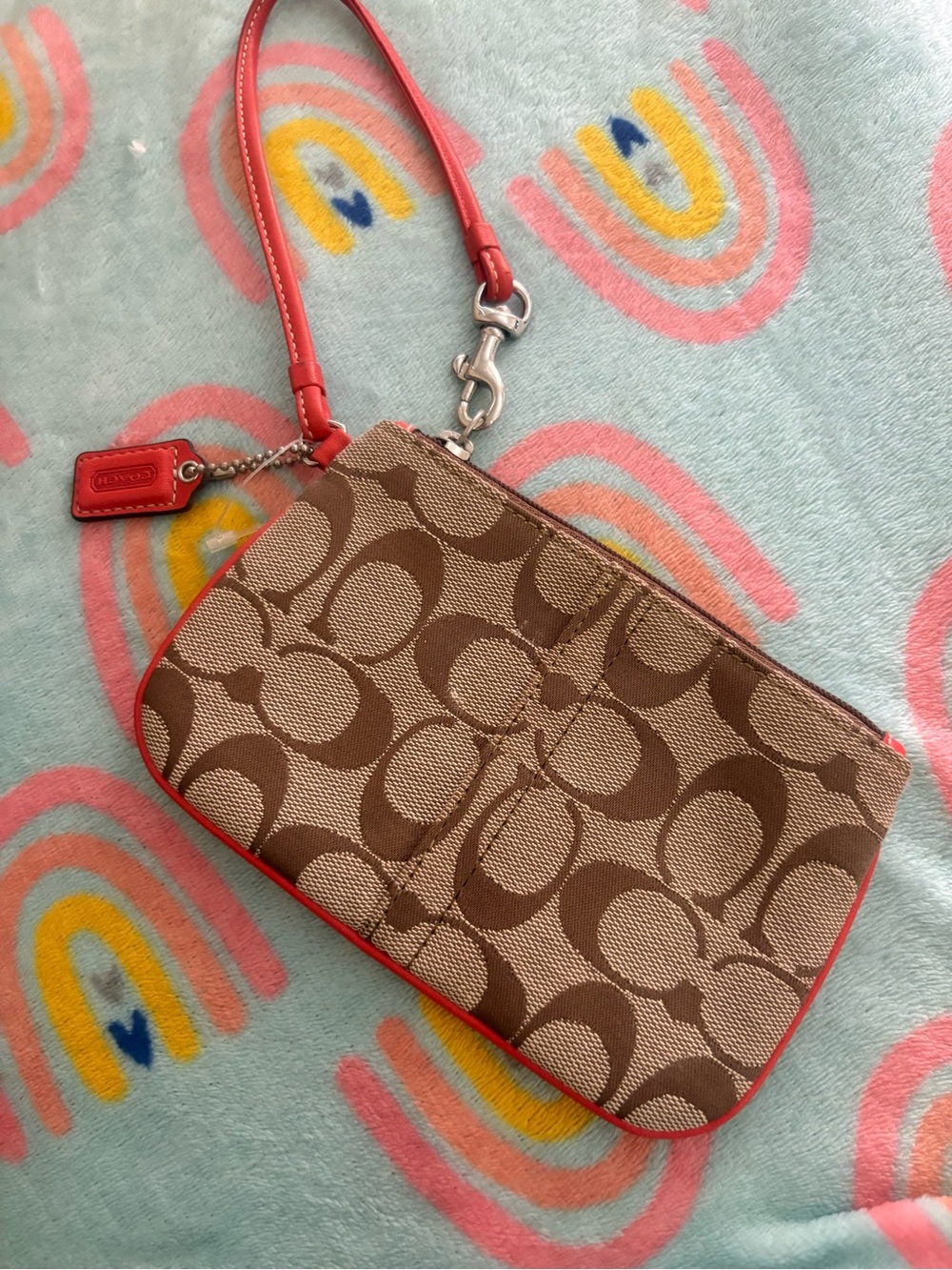 Coach Brown Signature Canvas Wristlet with Red Trim